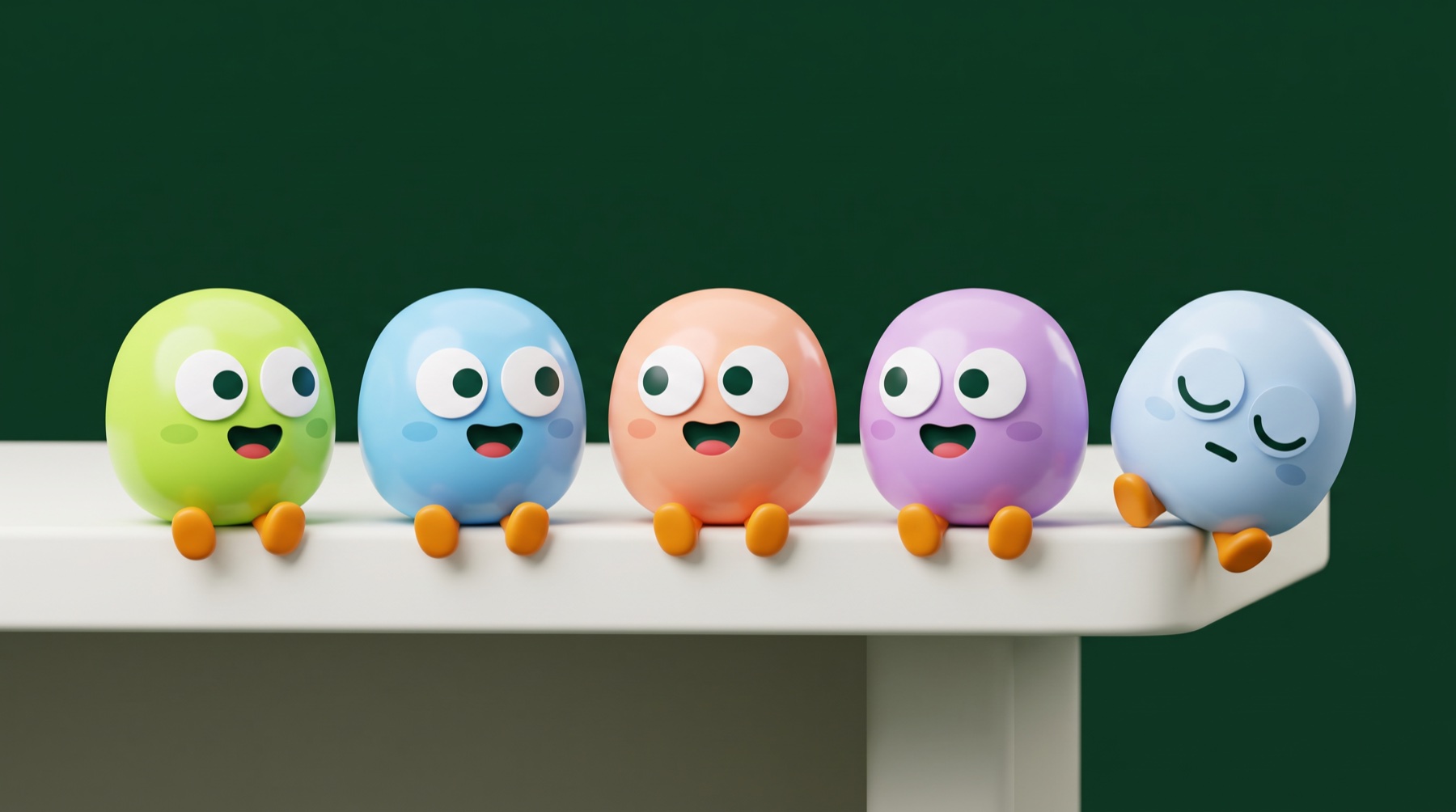 Five buddies in different colours sat in a row on a desk, four cheering and one asleep