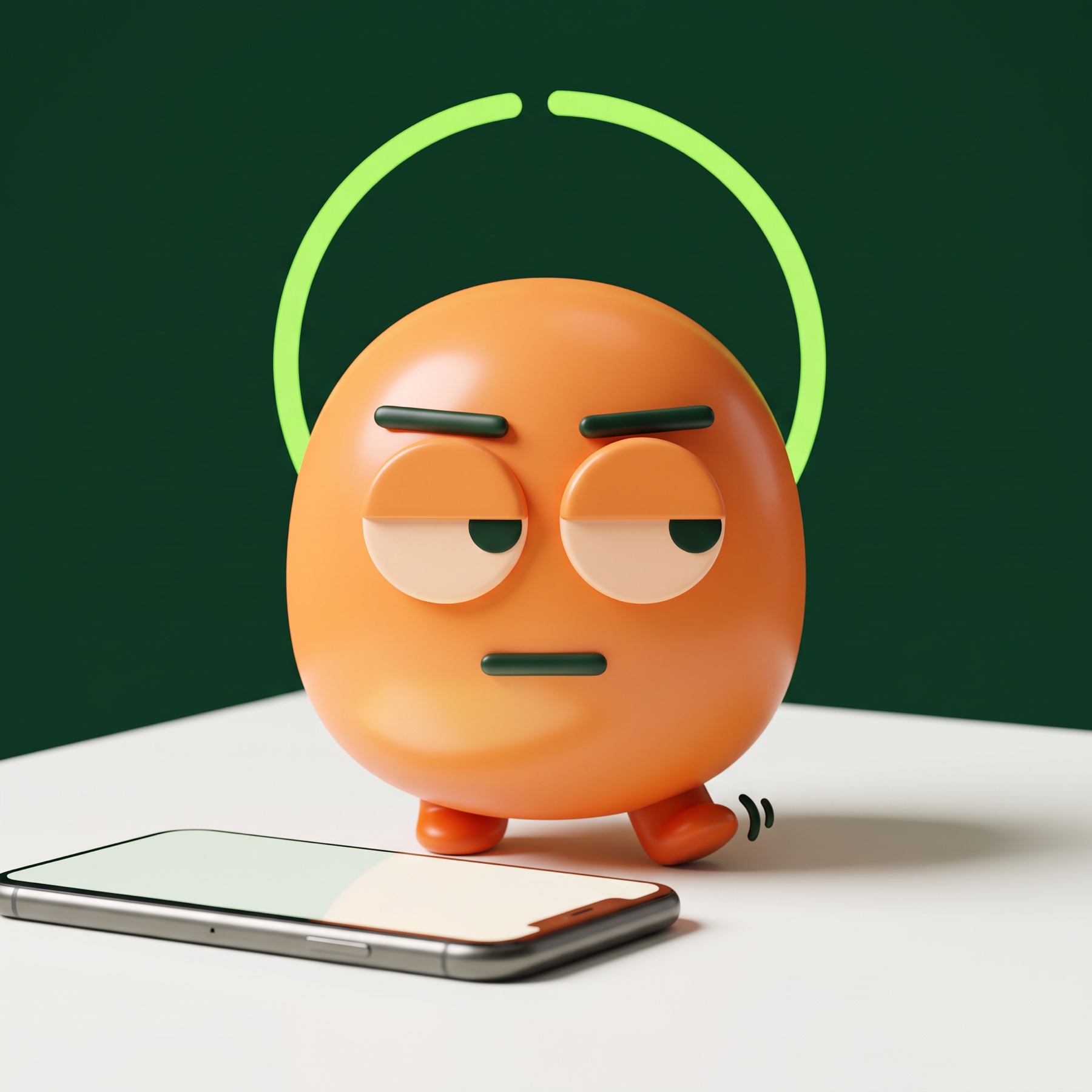 The buddy, gone orange, glaring at a phone with its countdown ring nearly complete